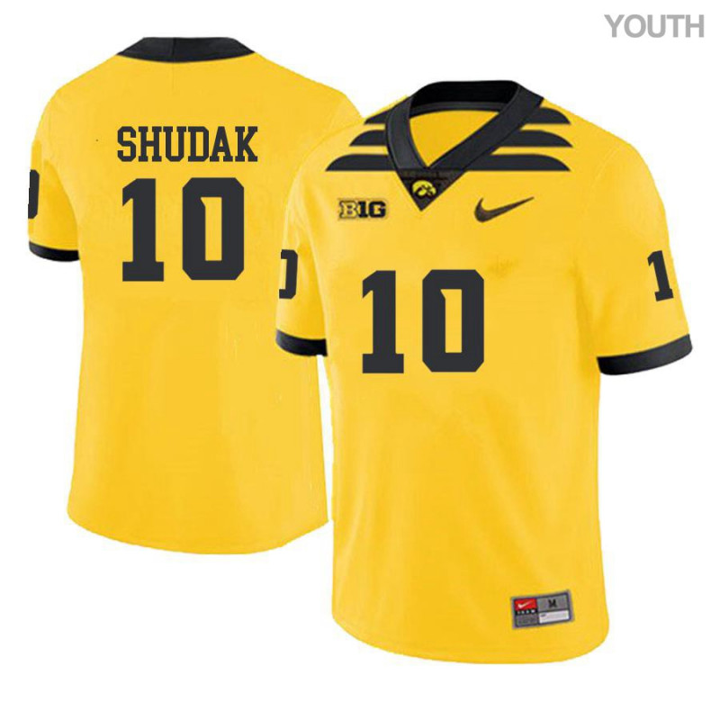 Youth Iowa Hawkeyes NCAA #10 Caleb Shudak Yellow Authentic Nike Alumni Stitched College Football Jersey BK34W76AQ